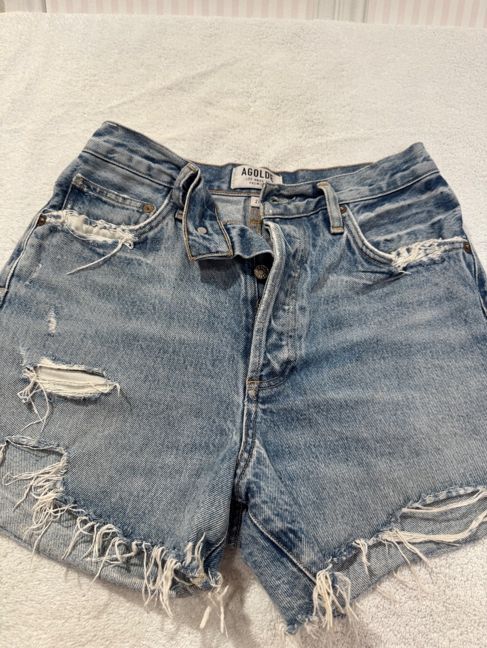 AGOLDE Distressed Denim Cutoff Shorts Size 27 High Rise Raw Hem